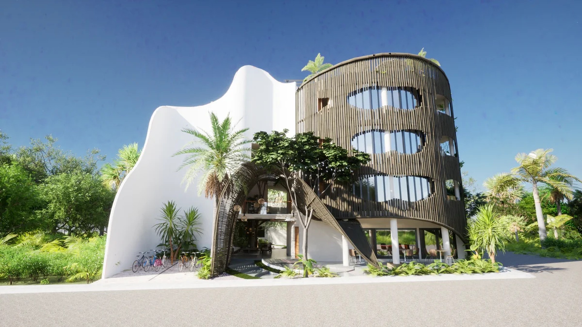 Image of a Modern Architecture, featuring Organic Design and Wood Slat Facade.