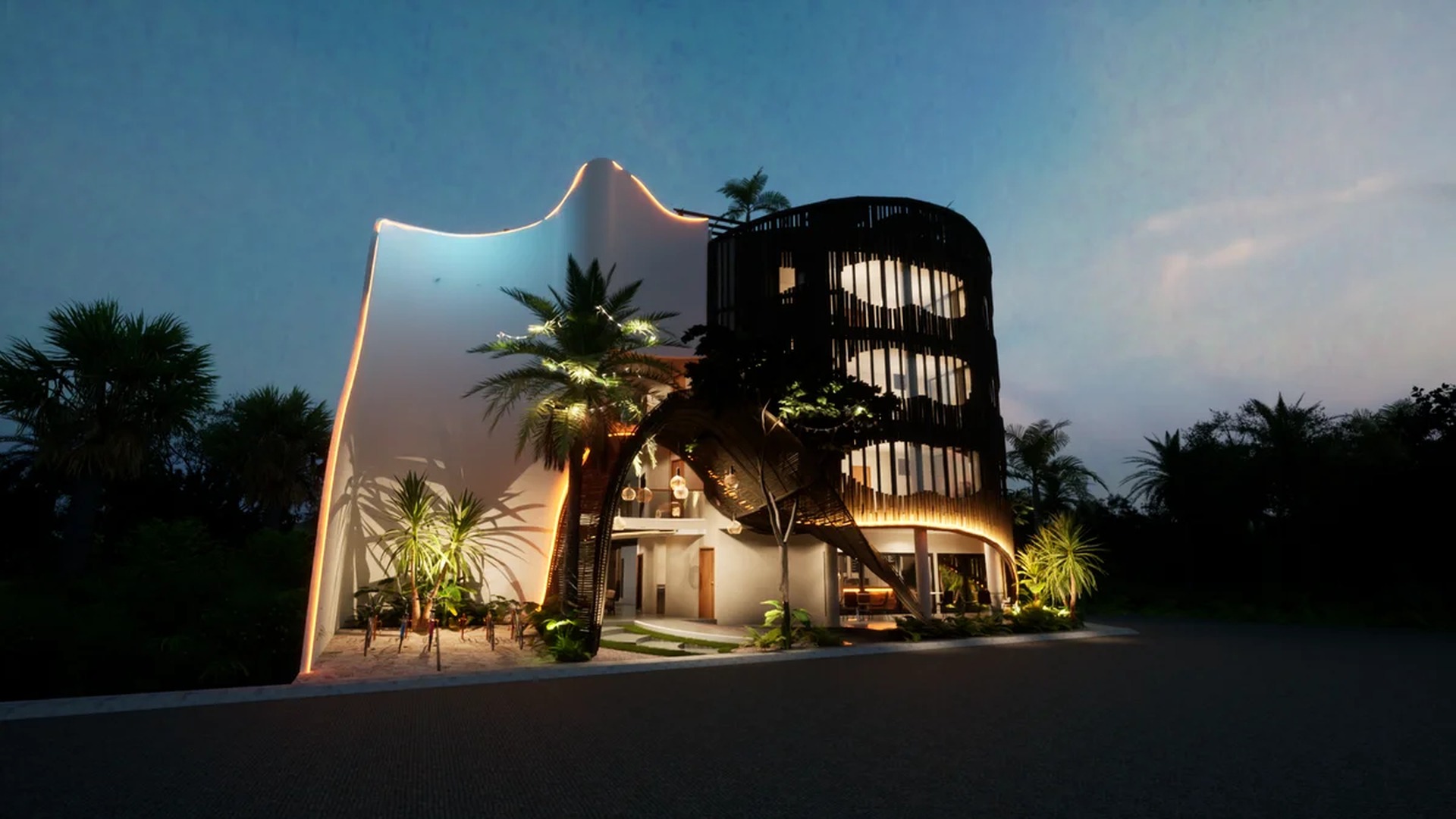 Image of a Modern Architectural Design, featuring Tropical Landscaping and Sculptural Facade.