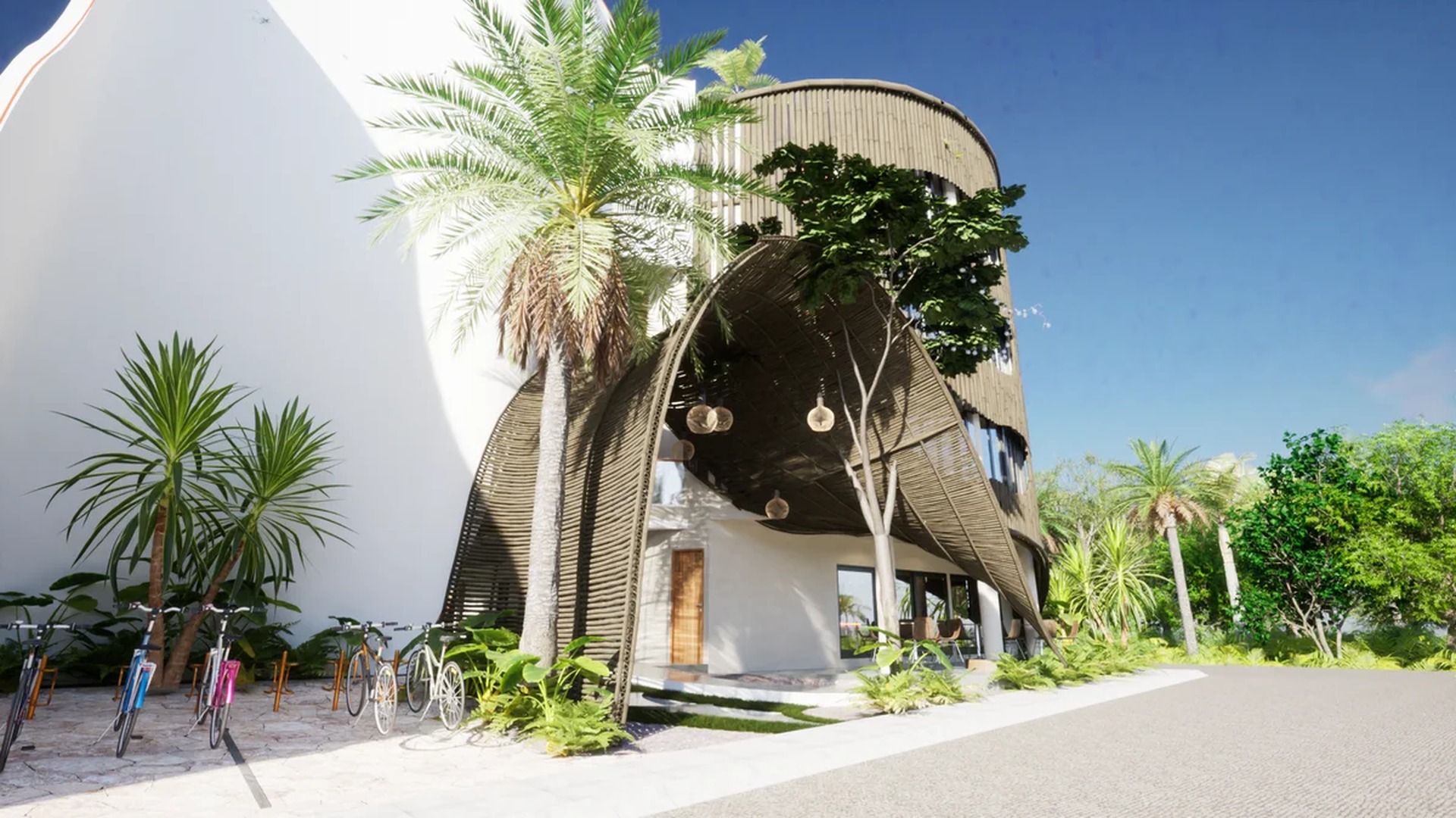 Image of a Organic Architecture, featuring Woven Wood Facade and Tropical Modern Design.