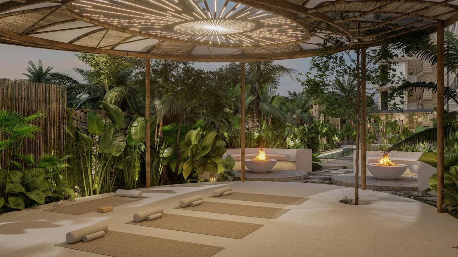 Image of a Outdoor Yoga Deck, featuring Lush Garden and Fire Pits.
