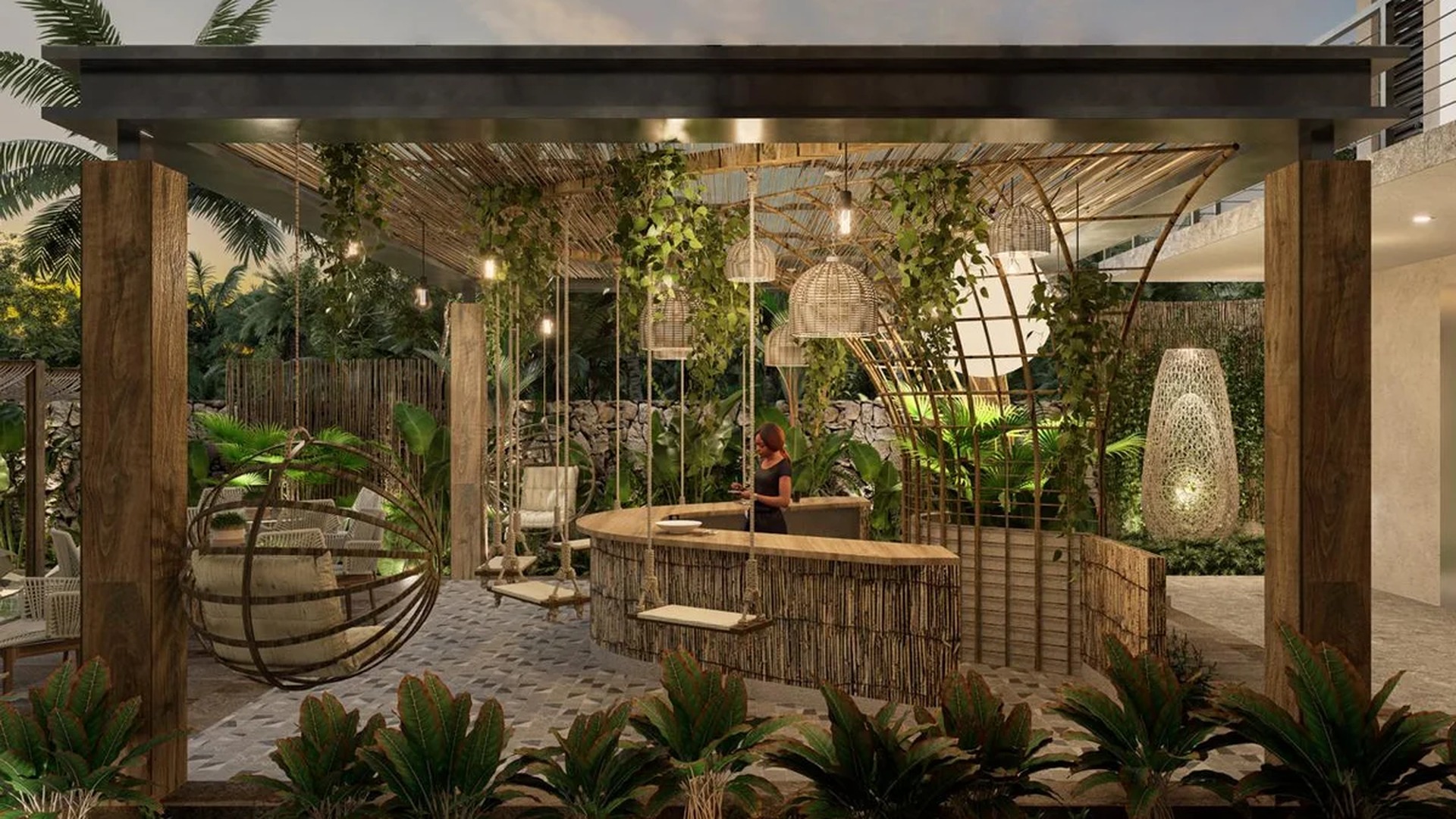 Image of a Outdoor Reception, featuring Tropical Lounge and Bohemian-Chic Design.