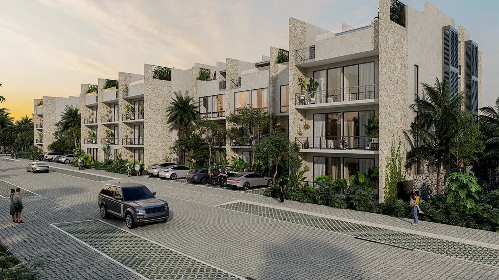 Image of a Modern Condominiums, featuring Stone Facade and Private Balconies.