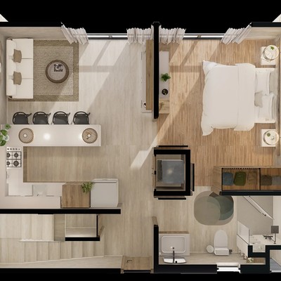 Image of a Open-Concept Floor Plan, featuring Loft-Style Apartment and Modern Kitchen.