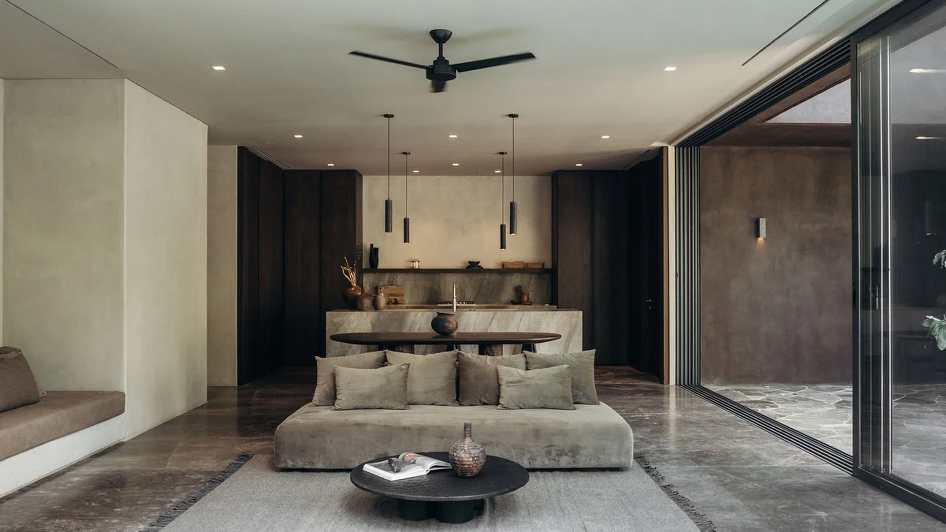 Image of a Open-Concept Living, featuring Marble Flooring and Minimalist Design.