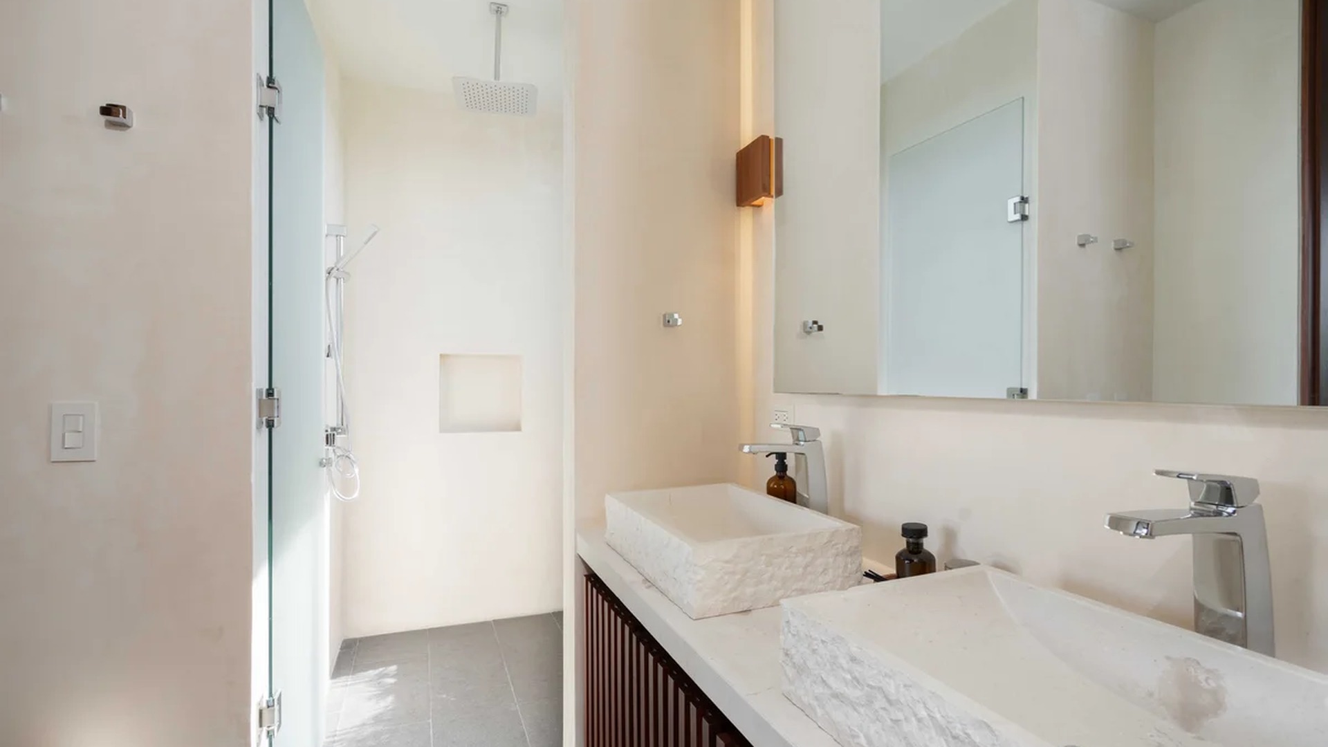 Image of a Modern Bathroom, featuring Double Vanity and Stone Vessel Sinks.