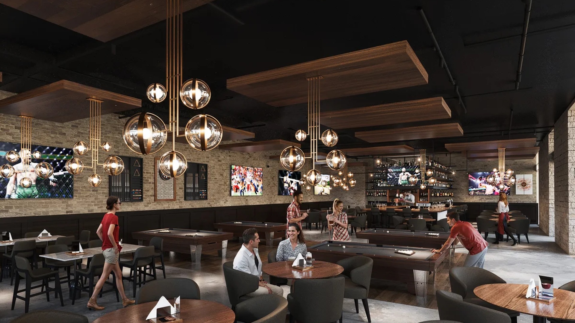 Image of a Billiards Lounge, featuring Sports Bar and Exposed Brick Walls.