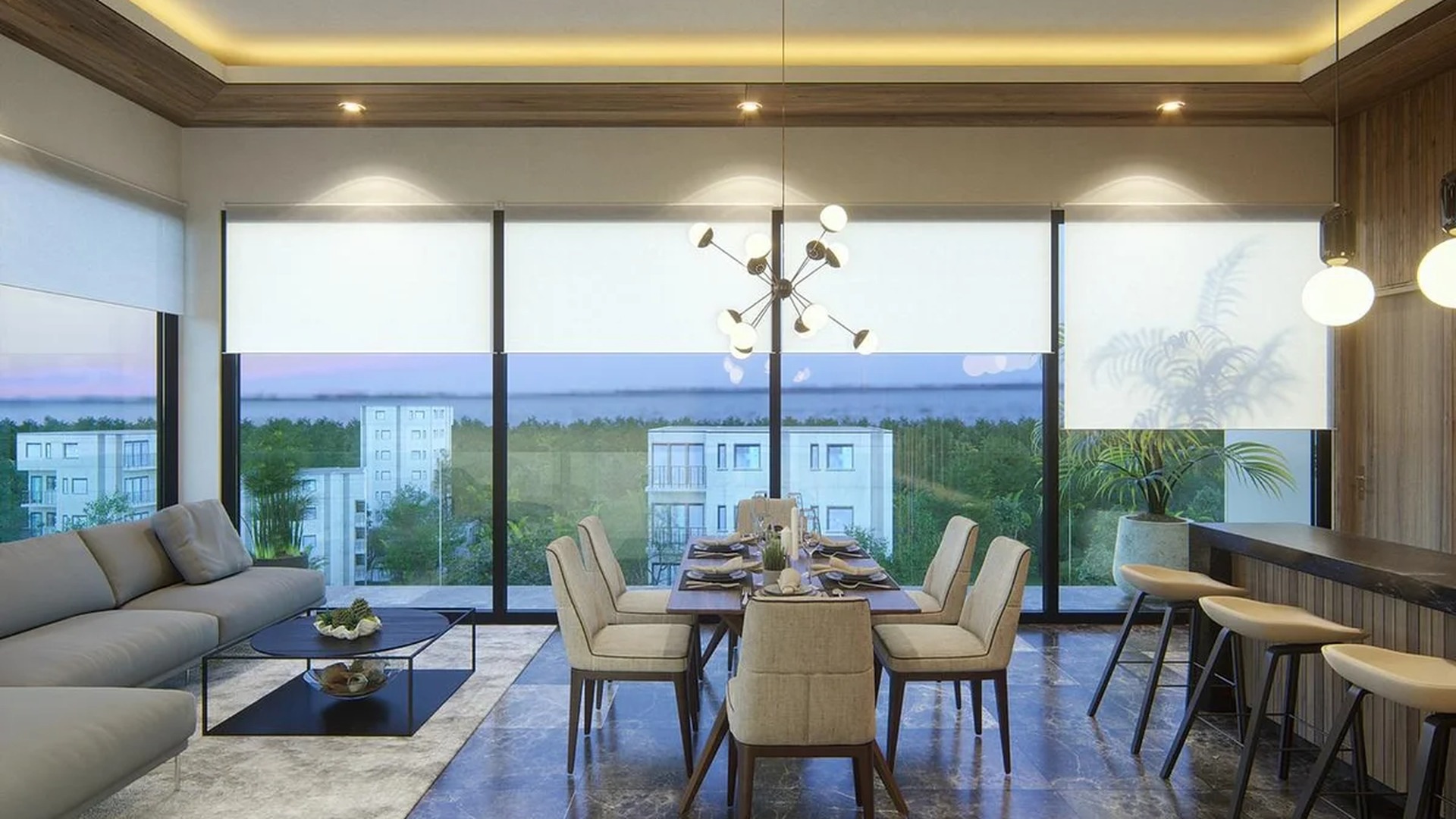 Image of a Open Concept Living, featuring Dining Area and Floor-to-Ceiling Windows.