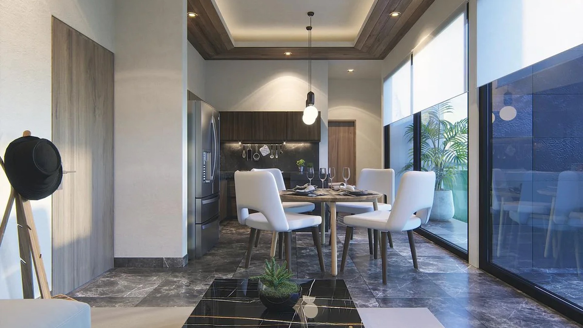 Image of a Open Concept Living, featuring Dining Area and Marble Tile Floors.