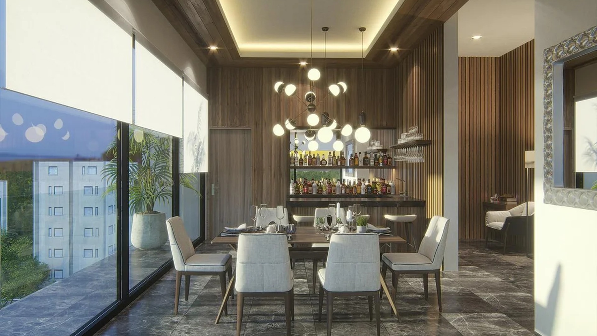 Image of a Dining Room, featuring Home Bar and Wood-Paneled Walls.