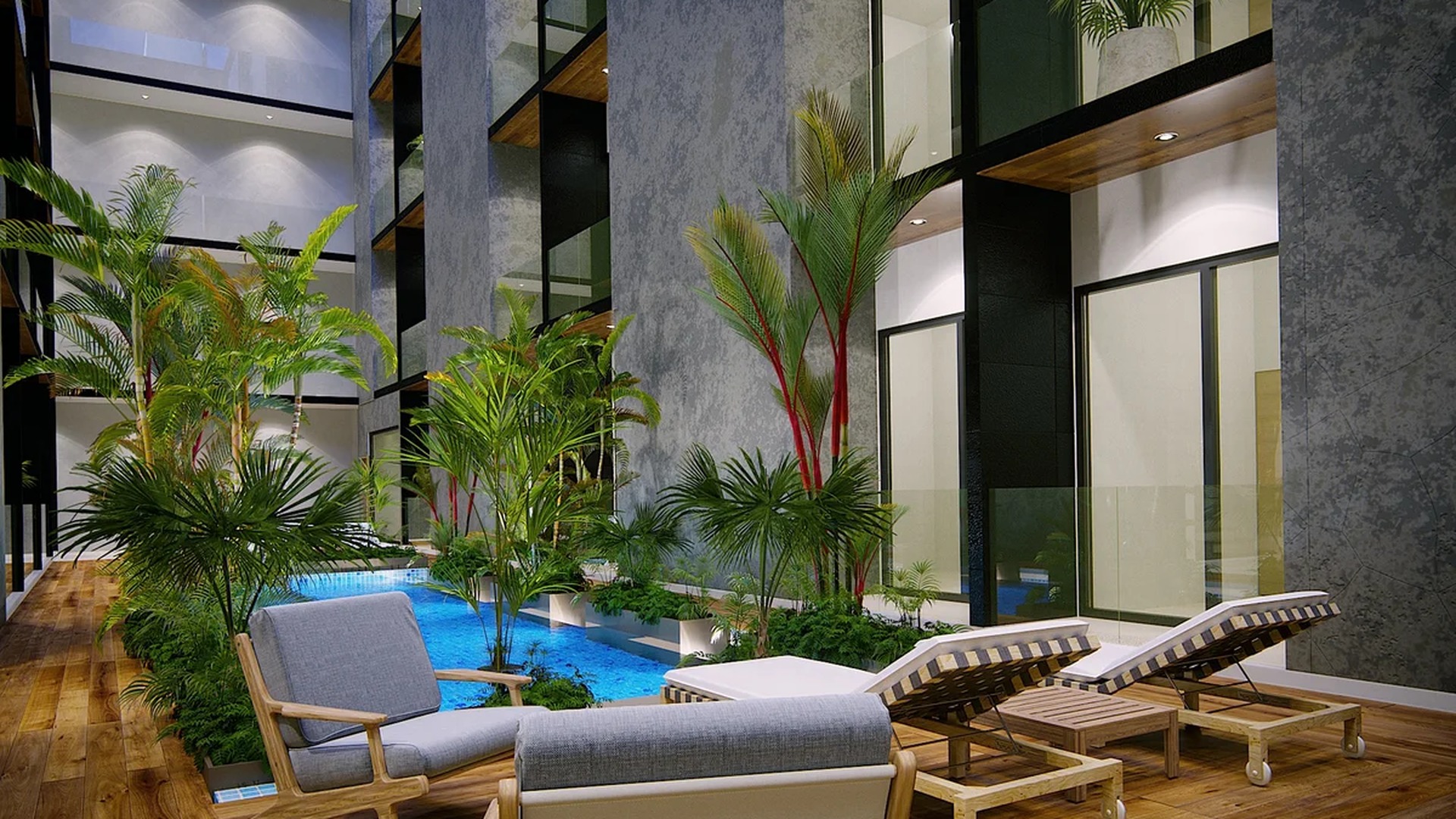 Image of a Courtyard Pool, featuring Wood Decking and Lounge Area.