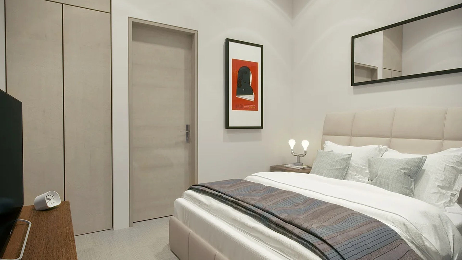 Image of a Modern Bedroom, featuring Upholstered Headboard and Built-in Wardrobe.