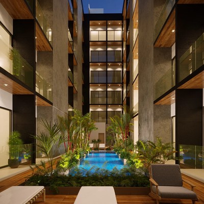 Image of a Courtyard Pool, featuring Modern Architecture and Lush Landscaping.
