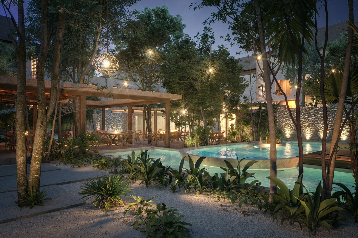 Image of a Resort-Style Pool, featuring Lush Garden and Outdoor Dining Area.