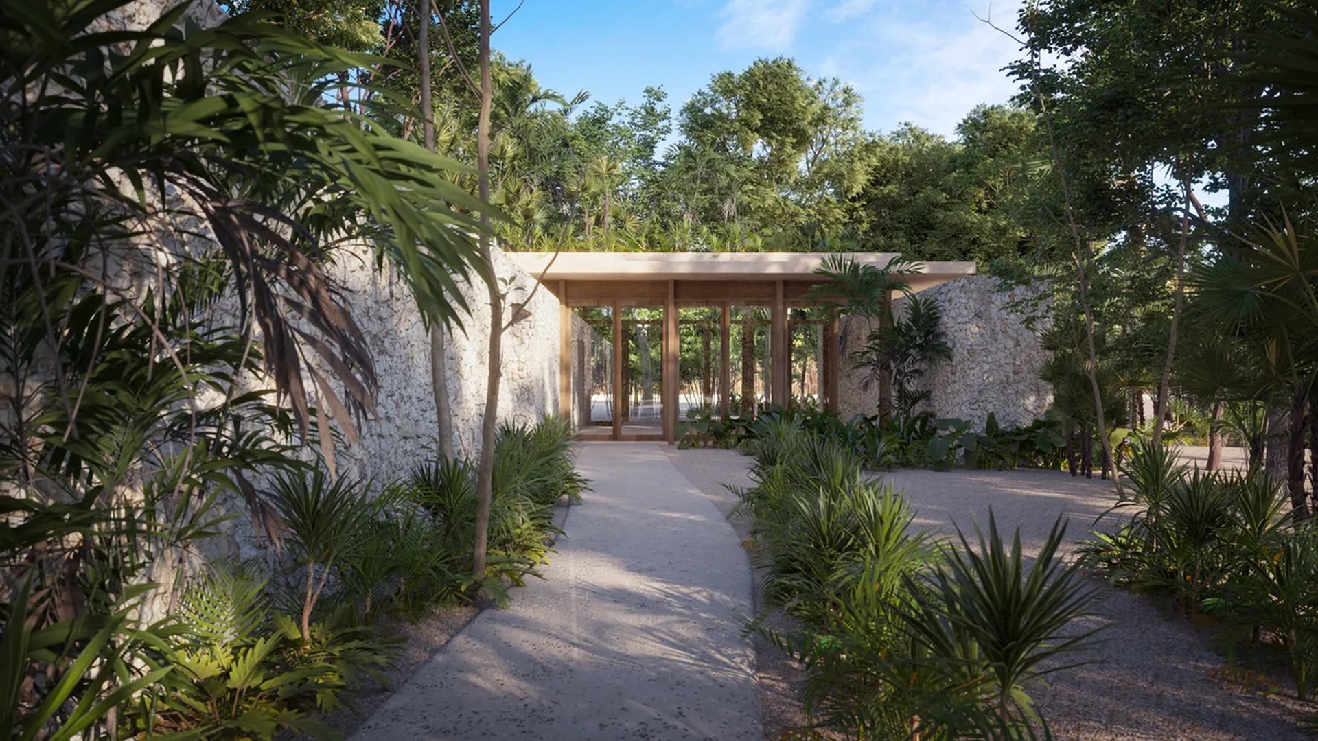 Image of a Lush Garden, featuring Tropical Landscaping and Natural Stone Walls.