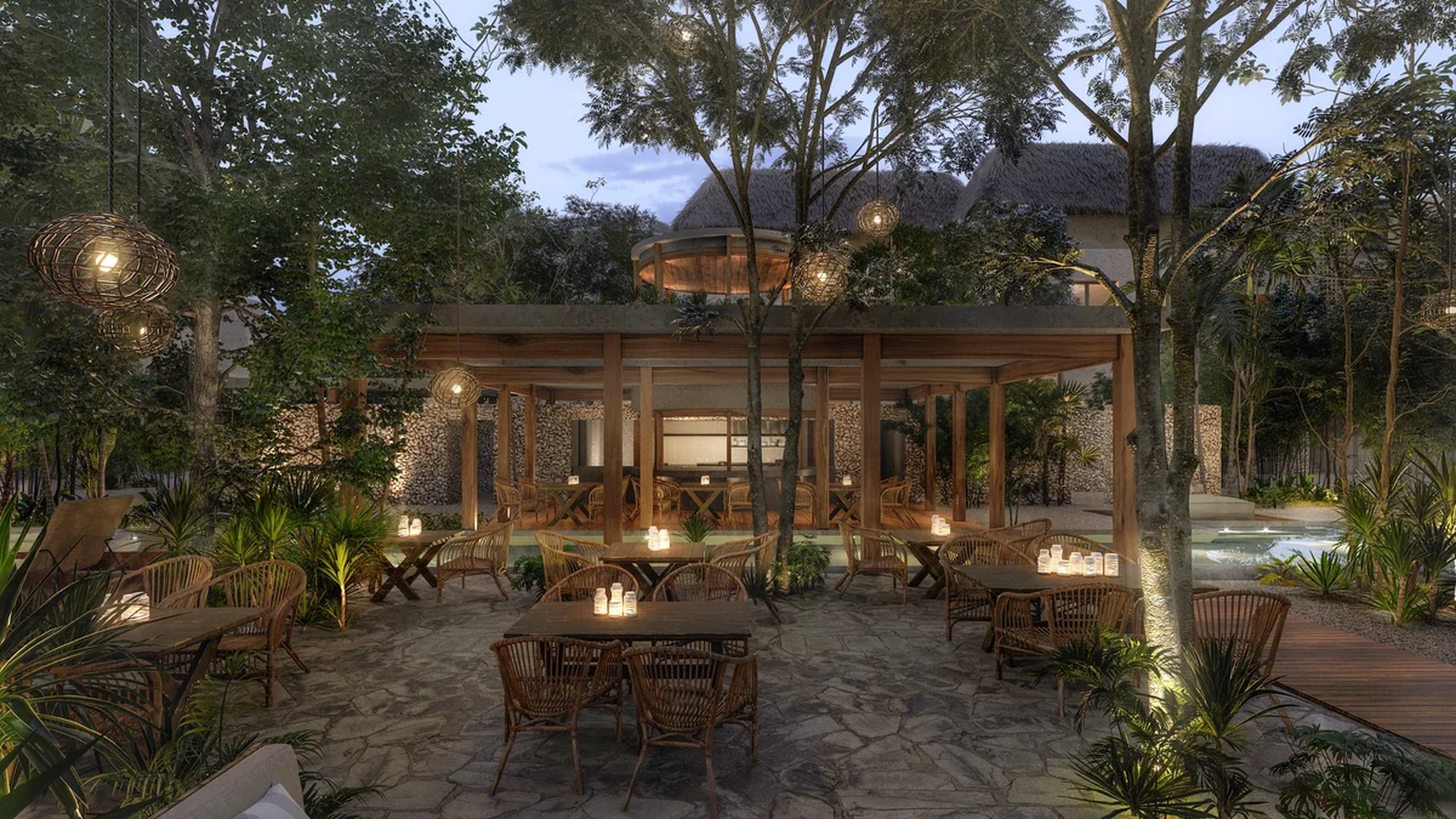 Image of a Outdoor Dining Area, featuring Poolside Lounge and Lush Garden.