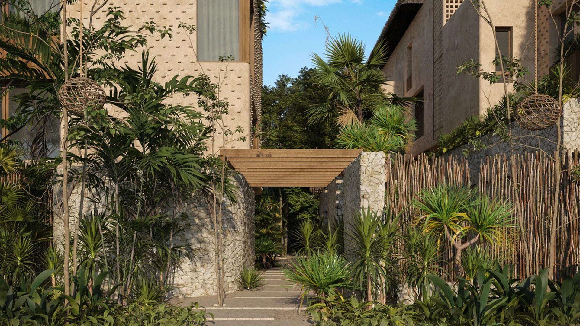 Image of a Lush Tropical Garden, featuring Tulum-Style Architecture and Natural Stone Walls.