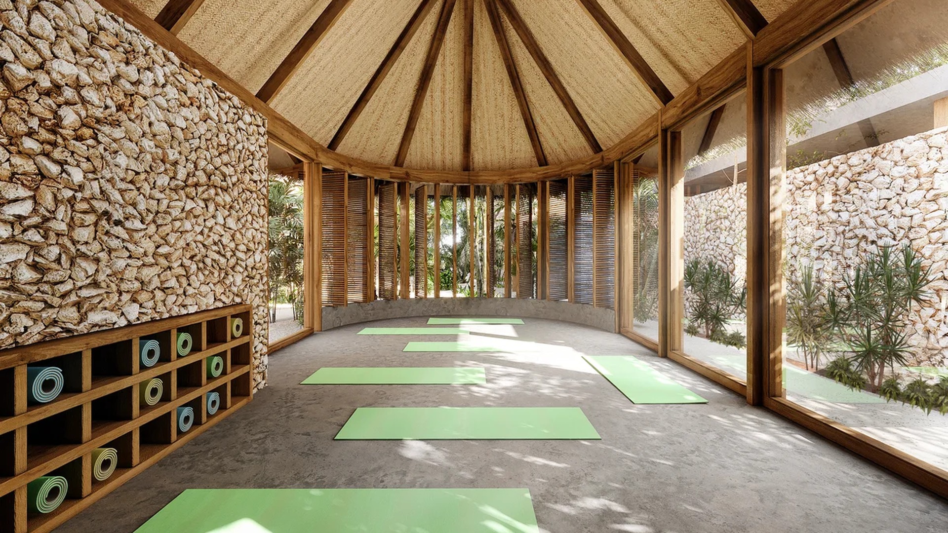 Image of a Yoga Studio, featuring Wellness Pavilion and Vaulted Thatched Roof.