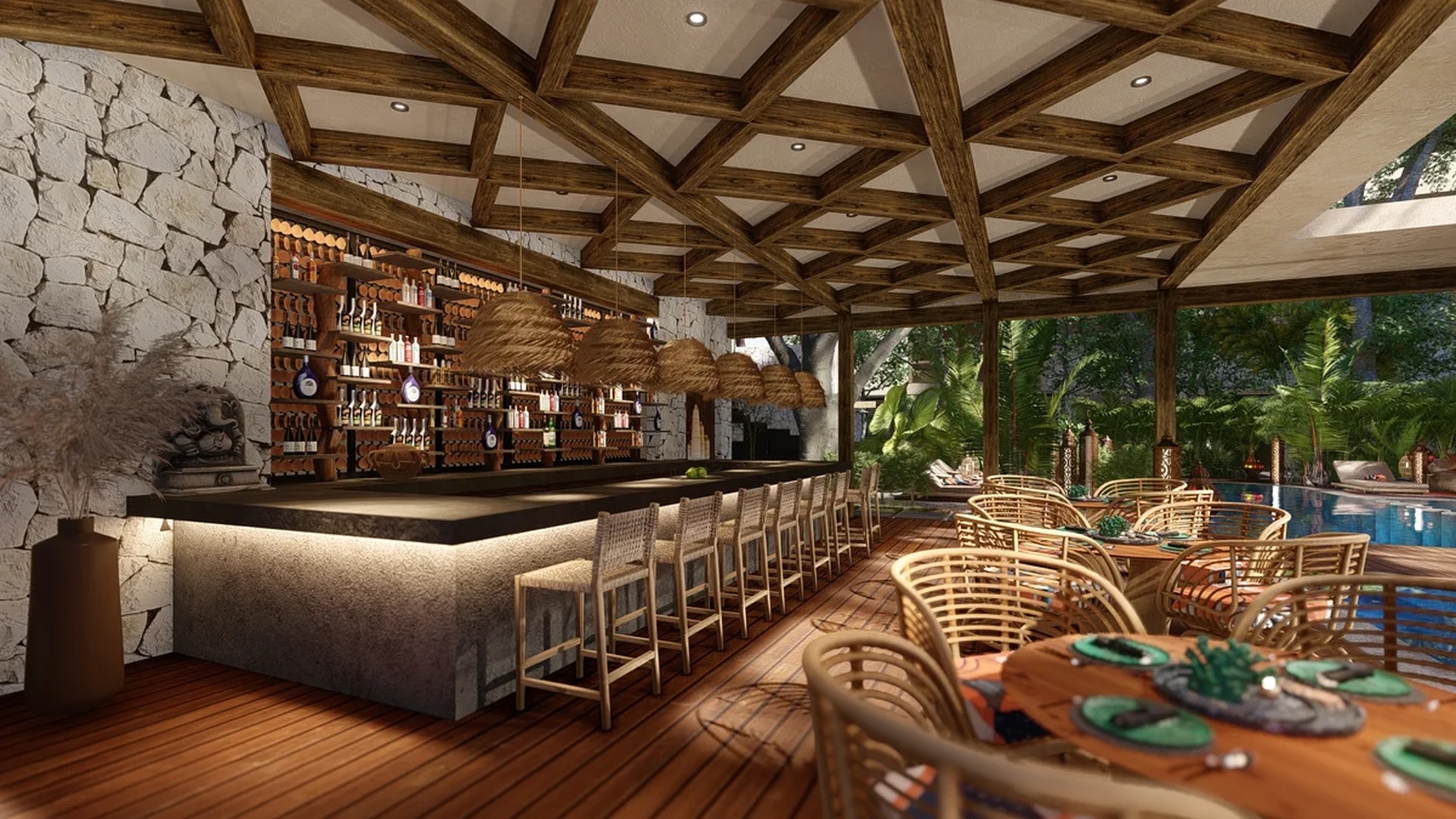 Image of a Poolside Bar, featuring Exposed Beam Ceiling and Indoor-Outdoor Lounge.