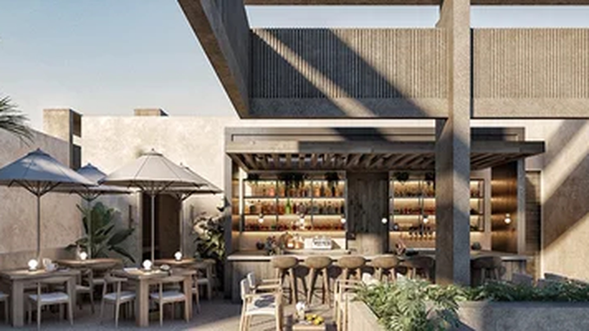 Image of a Rooftop Bar, featuring Outdoor Dining and Modern Architecture.