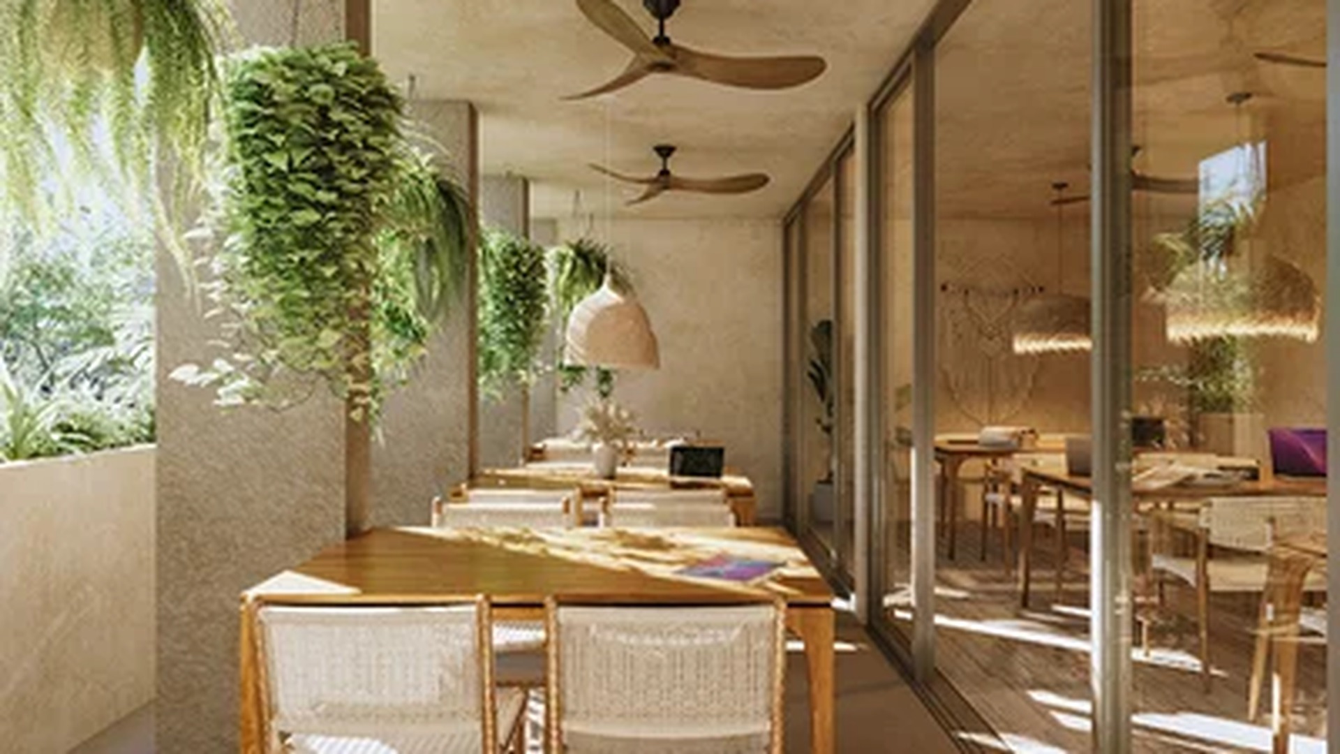 Image of a Coworking Area, featuring Covered Terrace and Bohemian Decor.