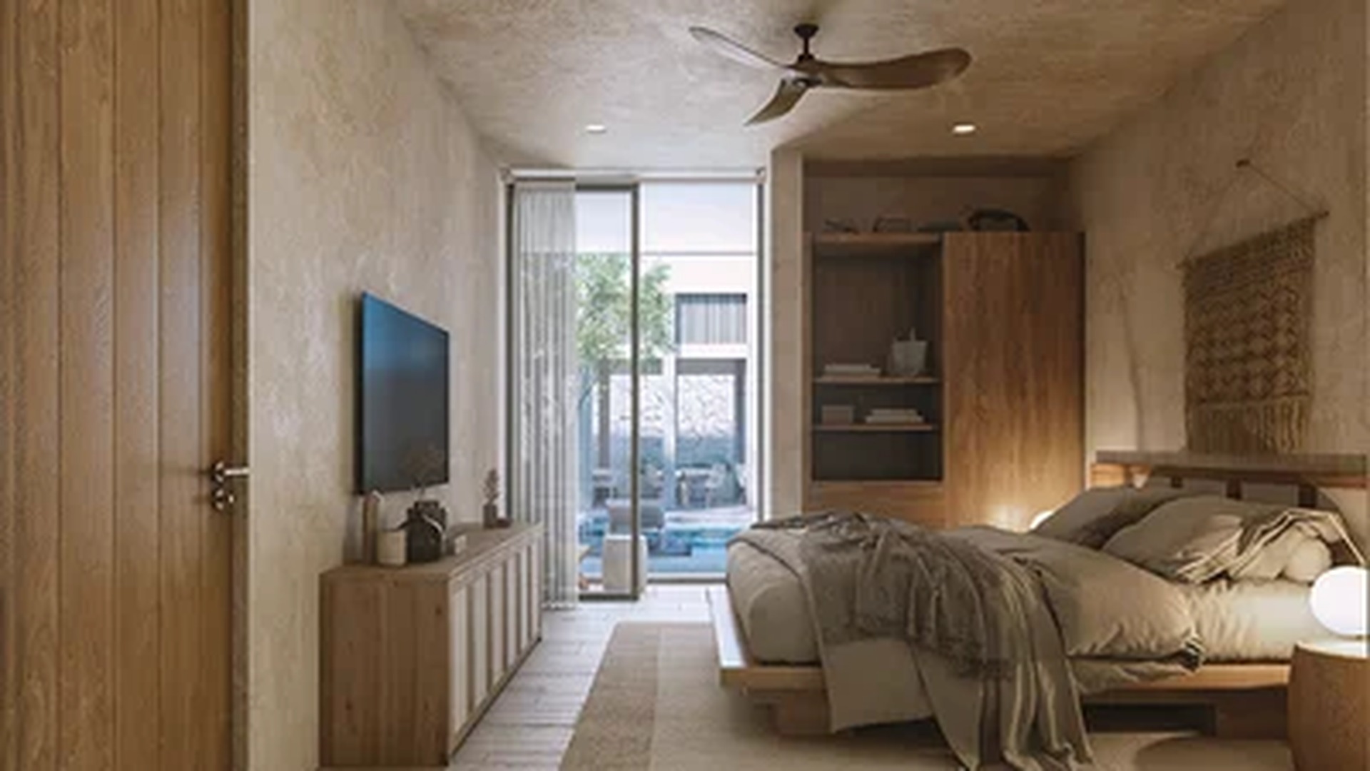 Image of a Bedroom with Pool Access, featuring Rustic Modern Design and Textured Plaster Walls.