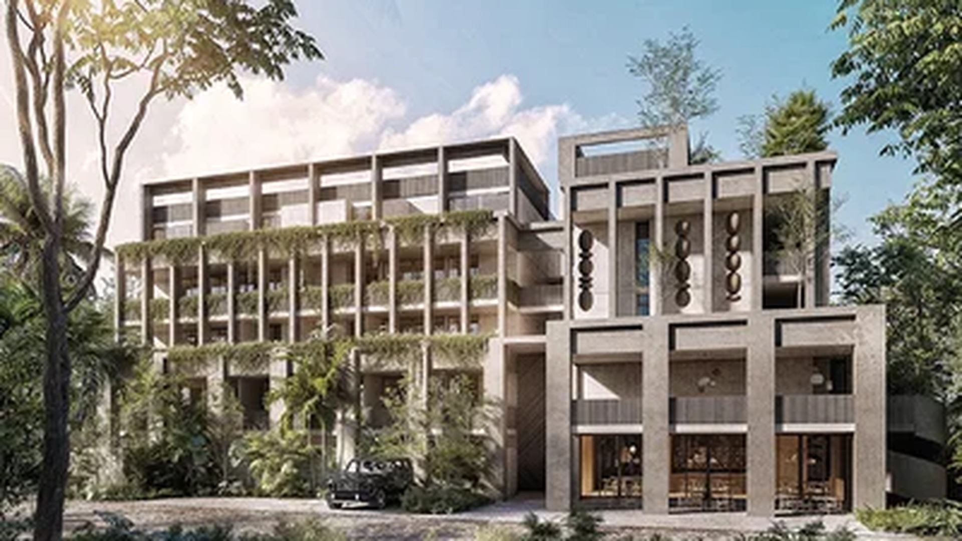 Image of a Brutalist-Inspired Architecture, featuring Lush Landscaping and Concrete Facade.