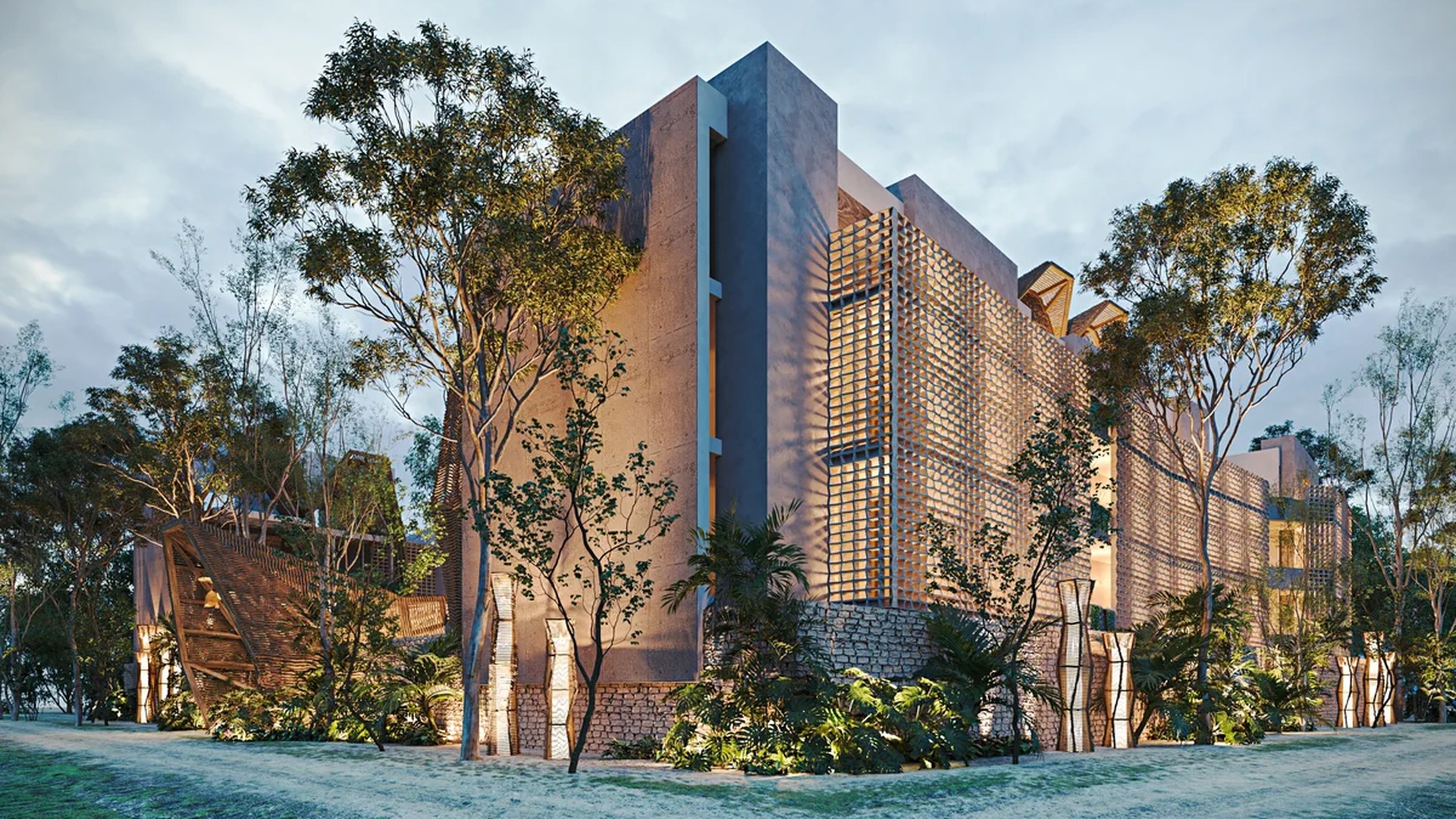 Image of a Modern Architecture, featuring Architectural Lattice Facade and Lush Landscaping.