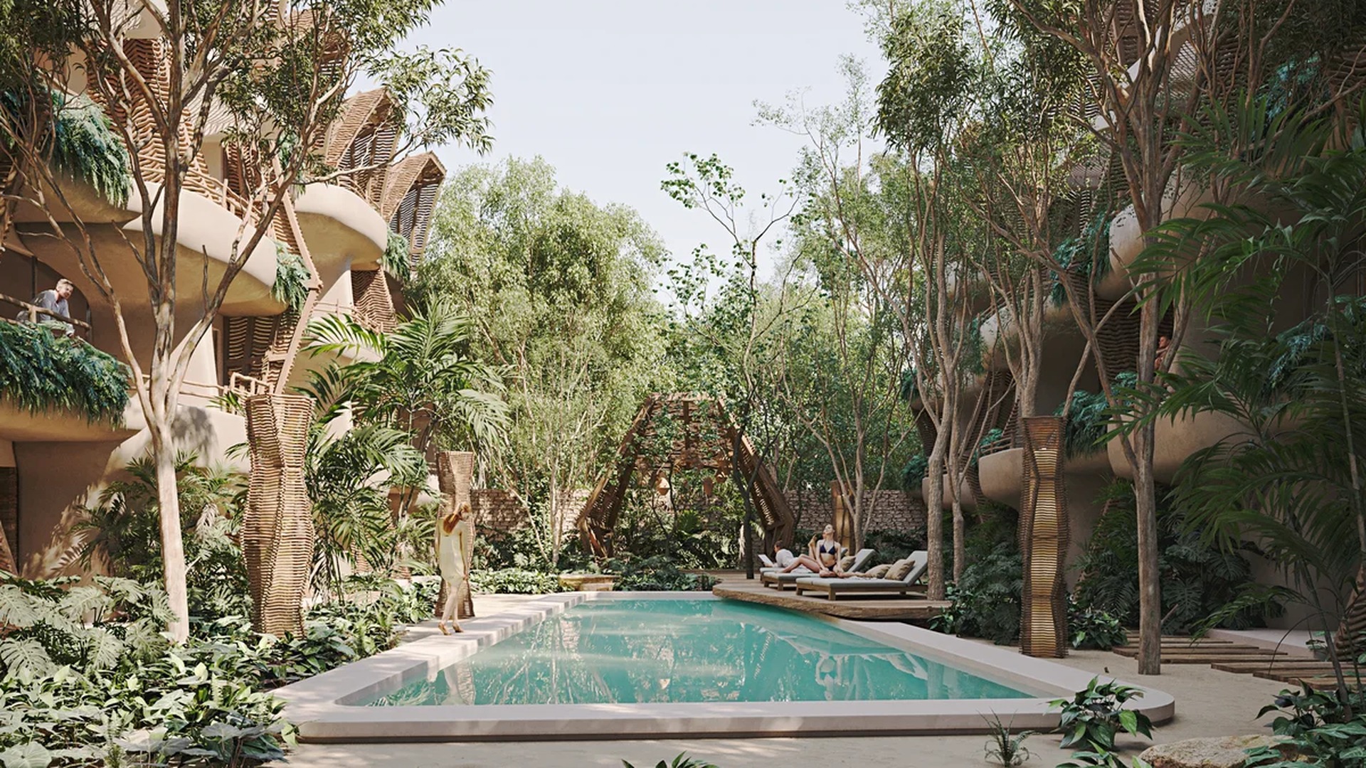 Image of a Resort-Style Pool, featuring Lush Garden and Organic Architecture.