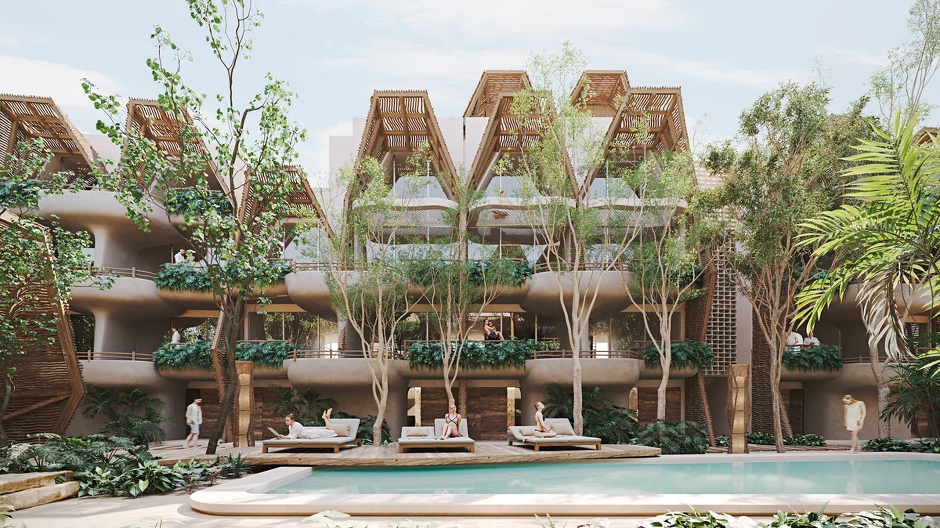 Image of a Resort-Style Pool, featuring Organic Modern Architecture and Private Balconies.