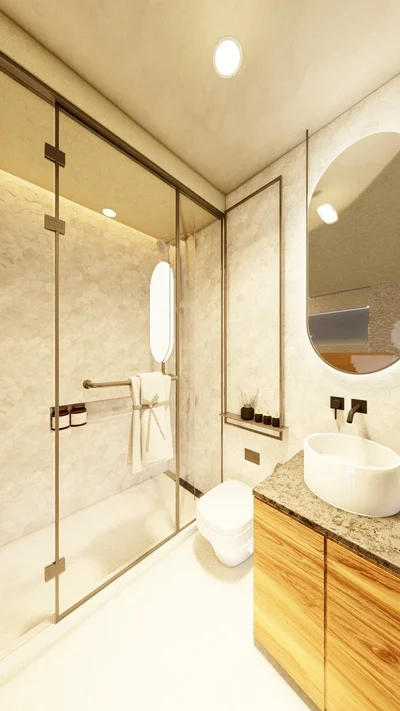 Image of a Modern Bathroom, featuring Walk-In Shower and Glass Shower Enclosure.
