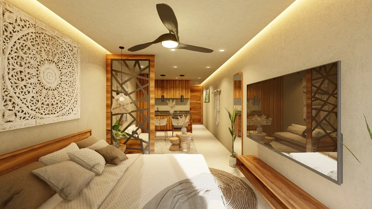 Image of a Studio Apartment, featuring Bohemian Decor and Natural Materials.