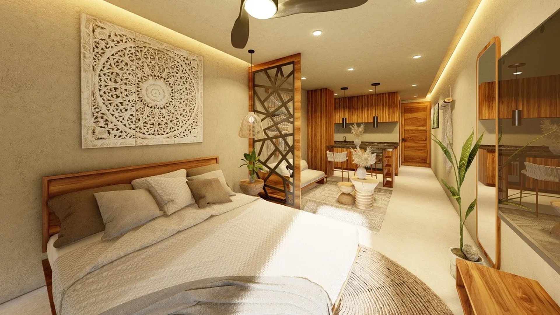 Image of a Studio Apartment, featuring Boho-Chic Decor and Open-Concept Layout.