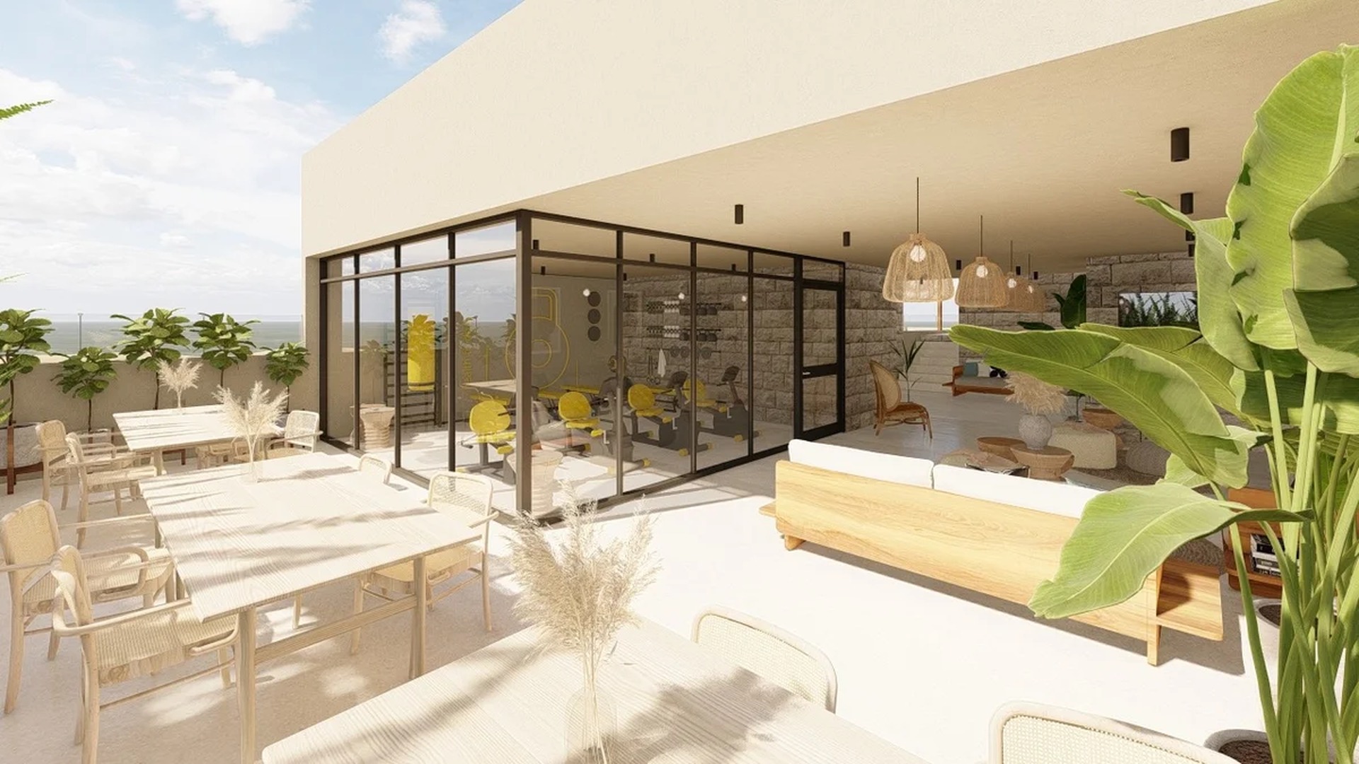 Image of a Rooftop Terrace, featuring Ocean View and Glass-Walled Gym.