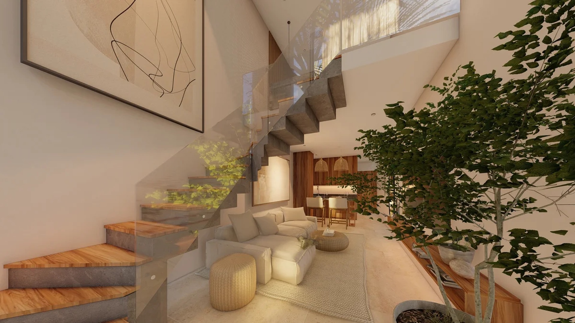 Image of a Open-Plan Living, featuring Double-Height Ceiling and Modern Staircase.