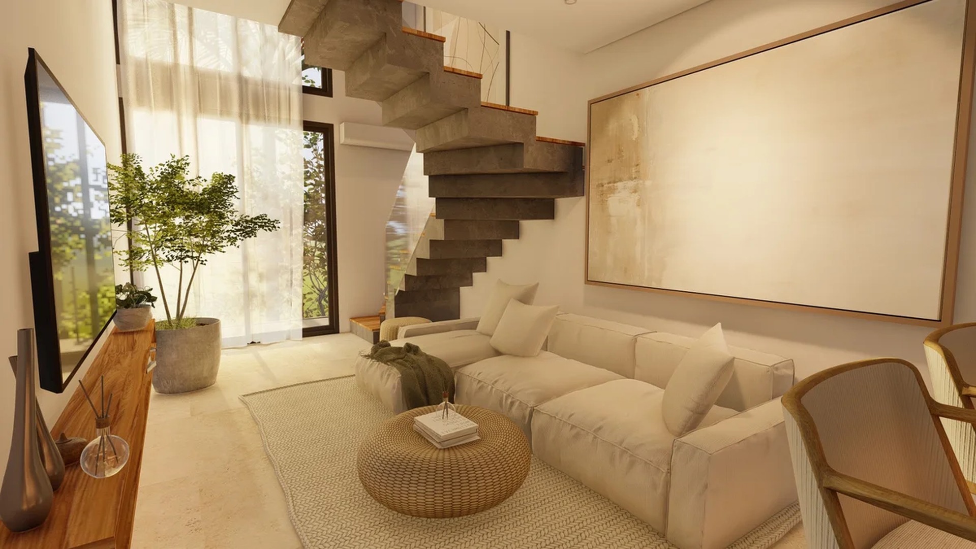 Image of a Modern Living Room, featuring Floating Staircase and High Ceilings.