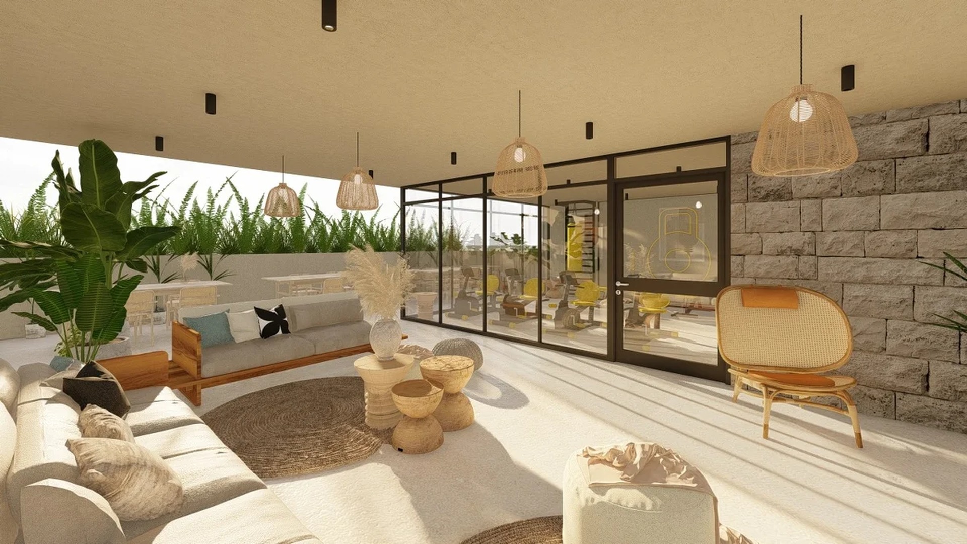 Image of a Rooftop Lounge, featuring Outdoor Terrace and Glass-Walled Gym.