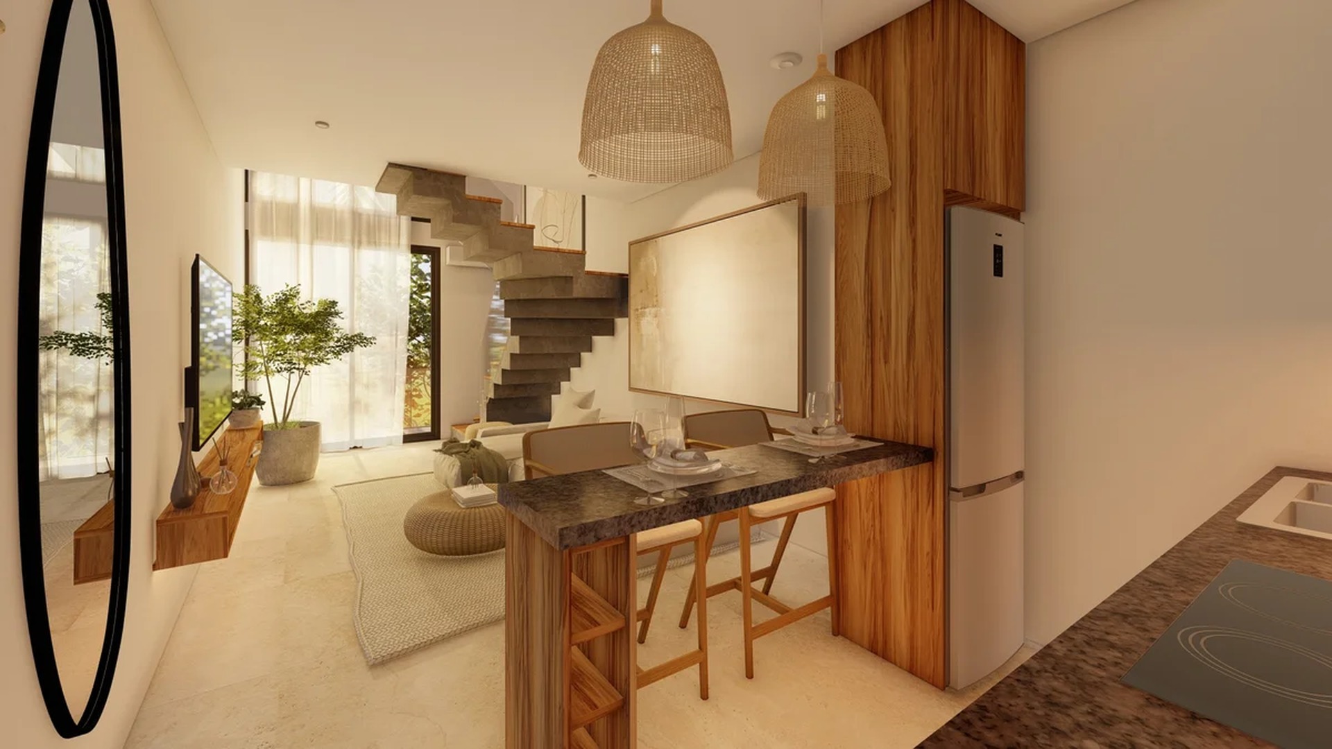 Image of a Open Concept Living, featuring Loft-Style Design and Floating Staircase.
