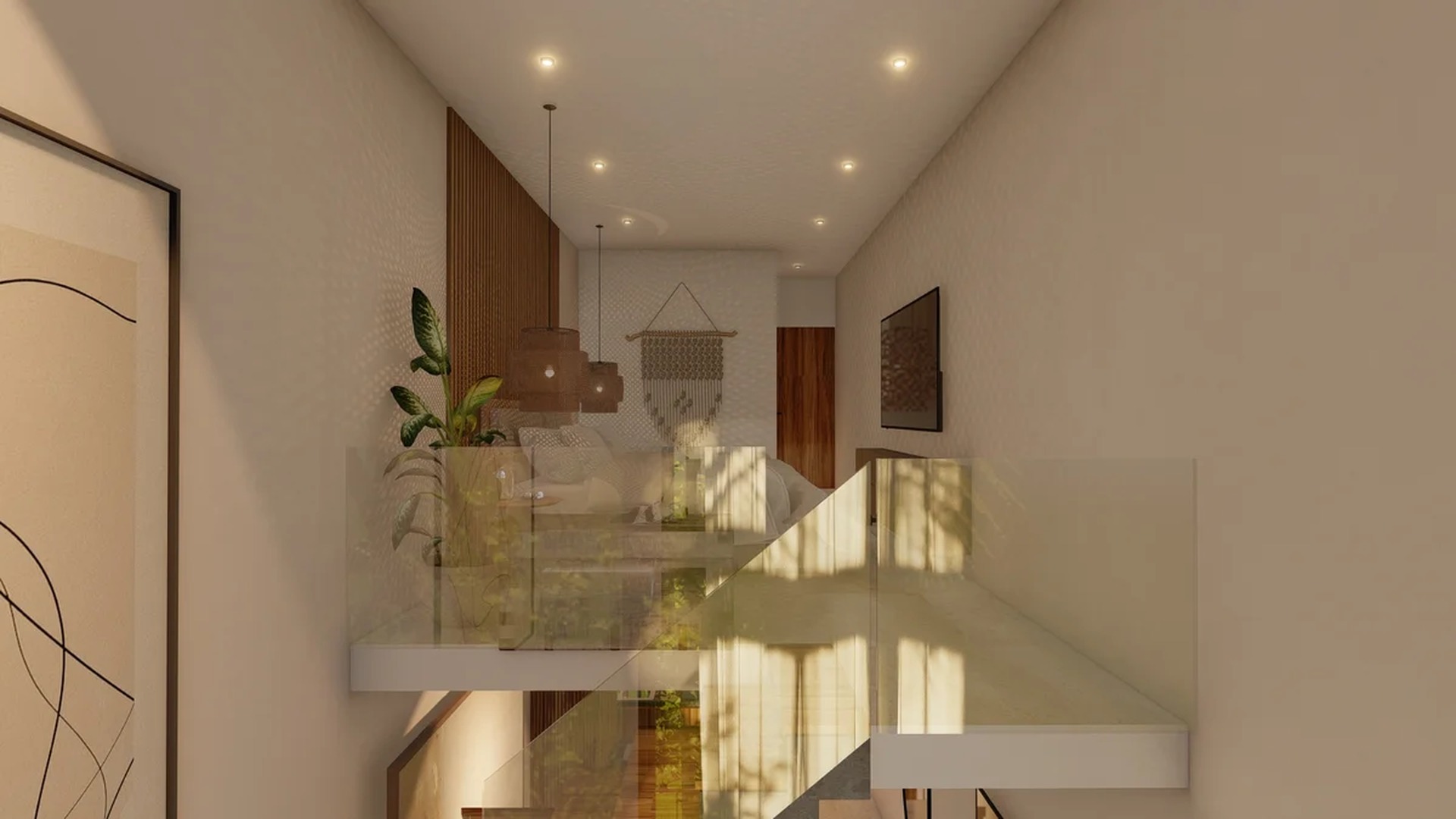 Image of a Loft Bedroom, featuring Glass Railing and Wood Accent Wall.