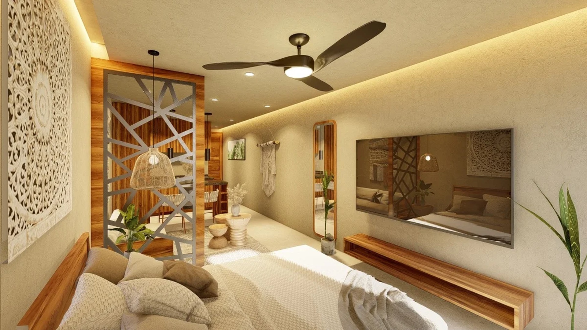 Image of a Studio Apartment, featuring Boho-Chic Decor and Wood Accents.