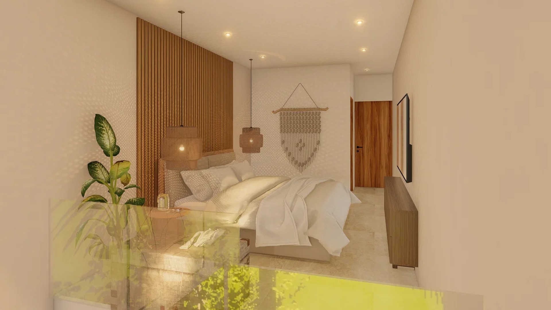 Image of a Modern Bedroom, featuring Wood Slat Accent Wall and Bohemian-Chic Decor.