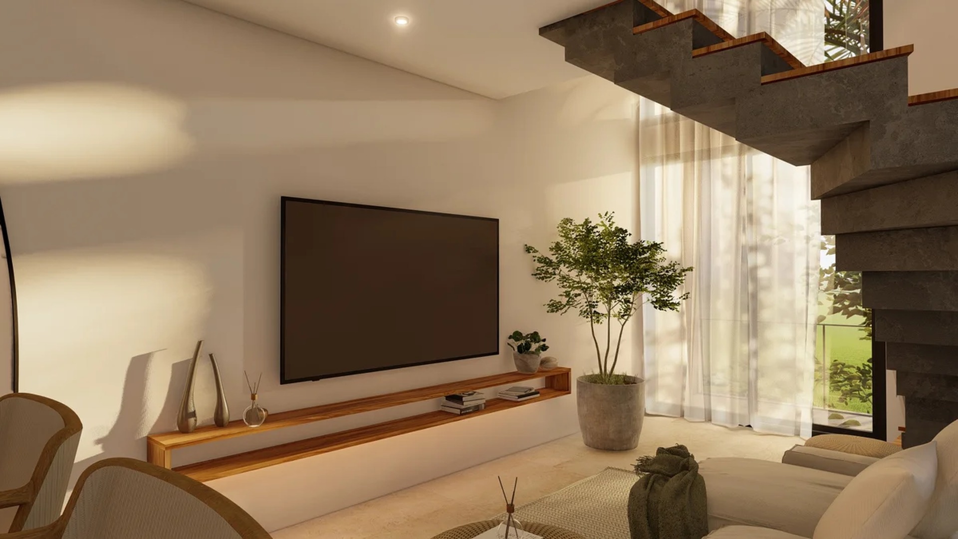 Image of a Modern Living Room, featuring Floating Stone Staircase and Natural Light.