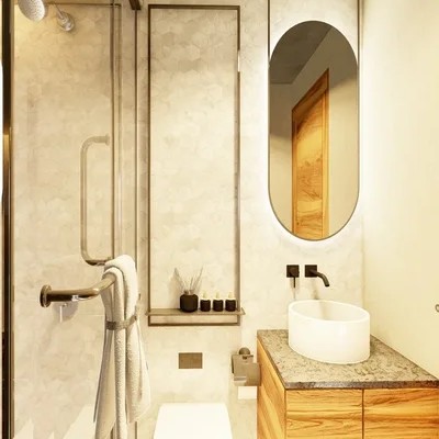 Image of a Modern Bathroom, featuring Glass-Enclosed Shower and Rainfall Showerhead.