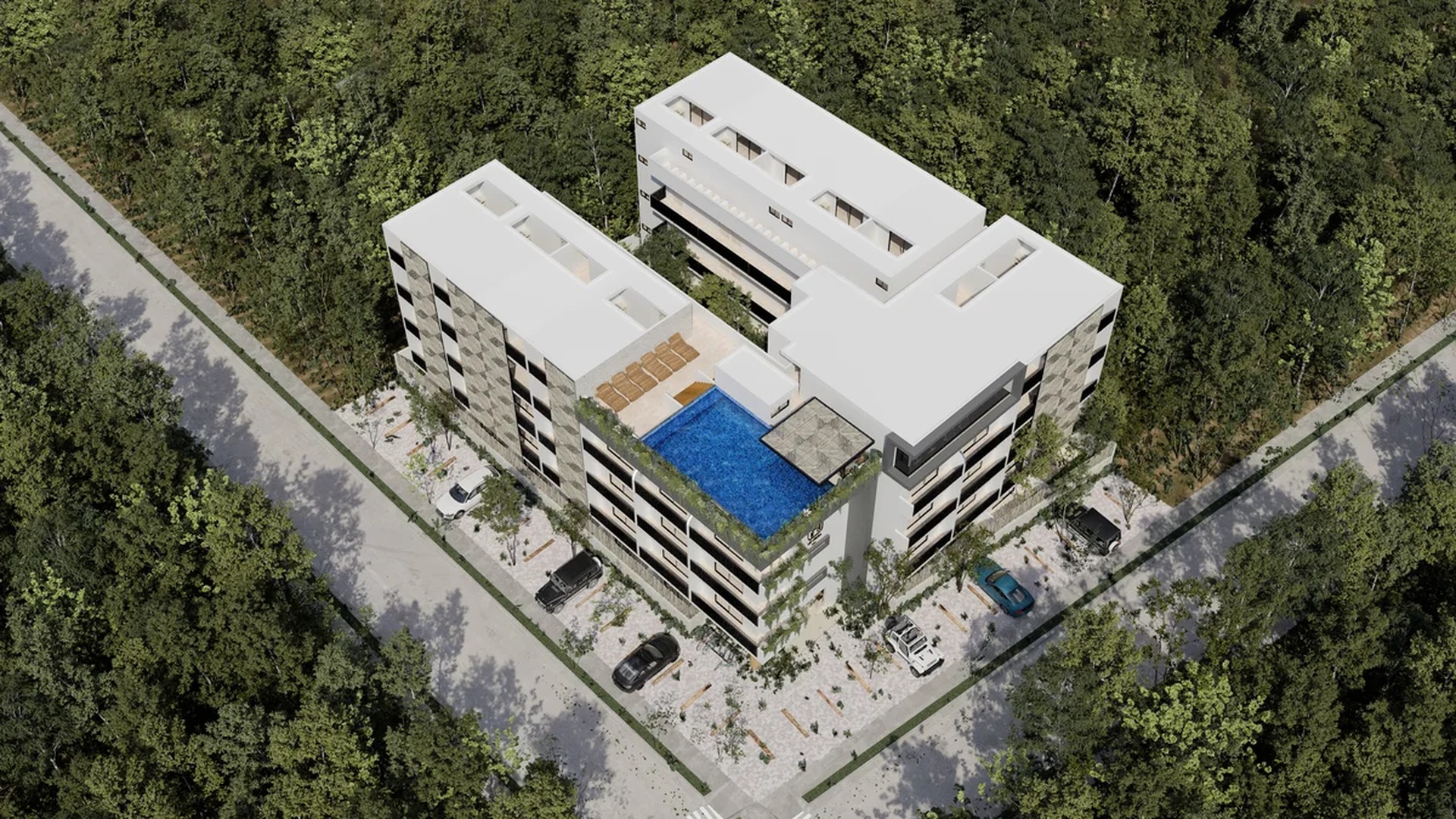 Image of a Modern Apartment Building, featuring Rooftop Pool and Jungle Surroundings.