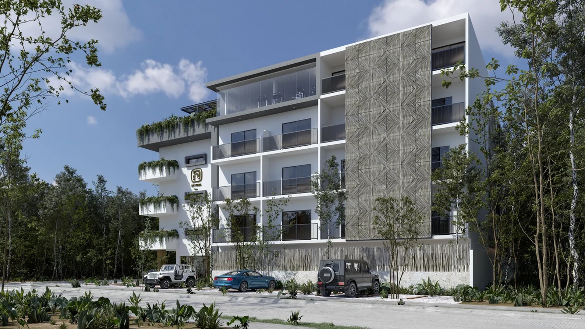 Image of a Modern Apartment Building, featuring Private Balconies and Rooftop Terrace.