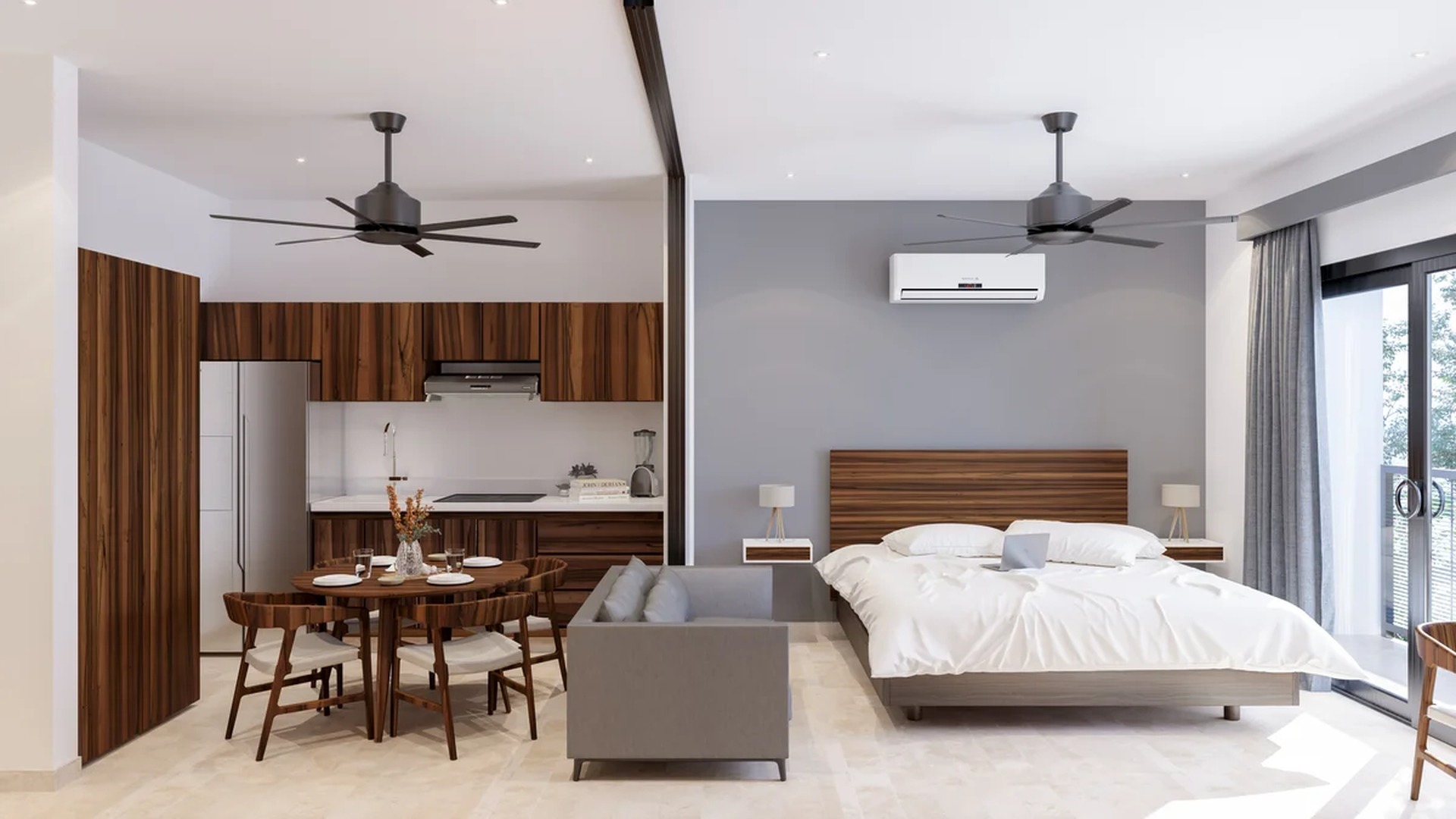 Image of a Studio Apartment, featuring Open Concept Layout and Modern Kitchen.