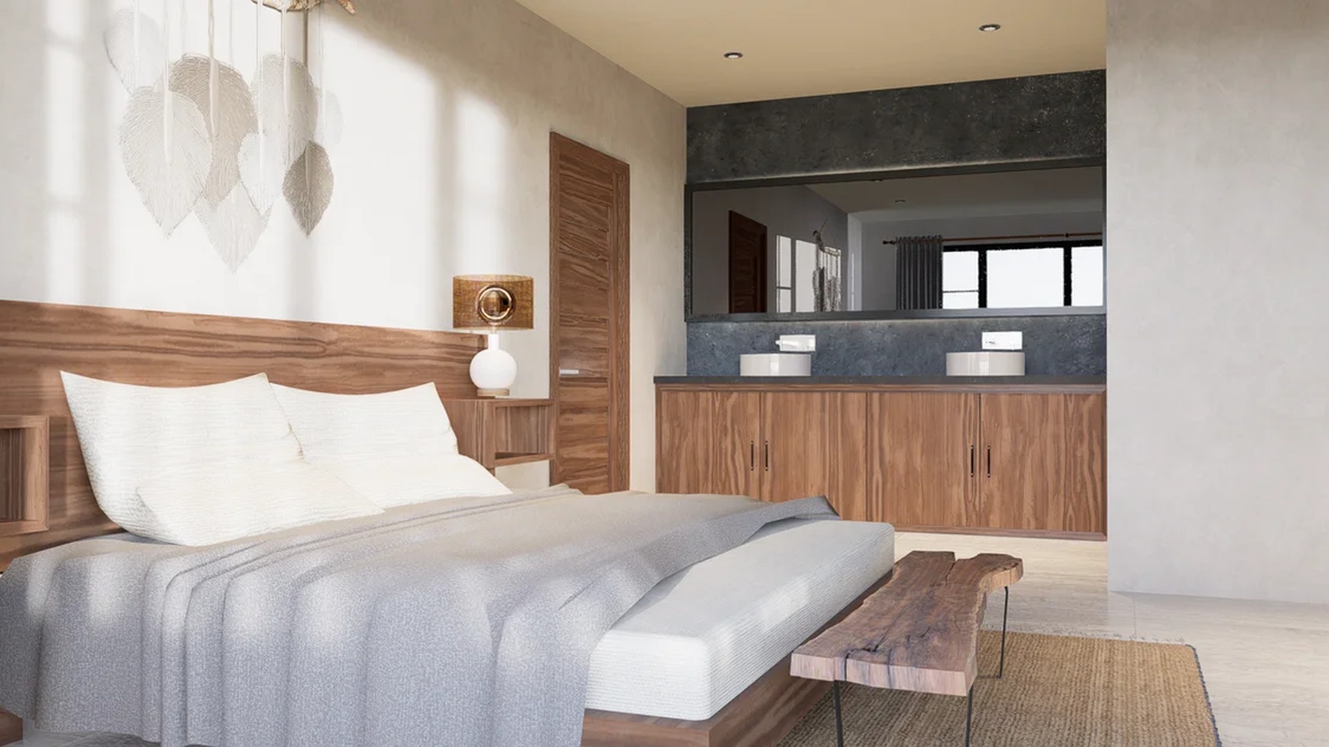 Image of a Bedroom Suite, featuring Double Vanity and Wood Accents.