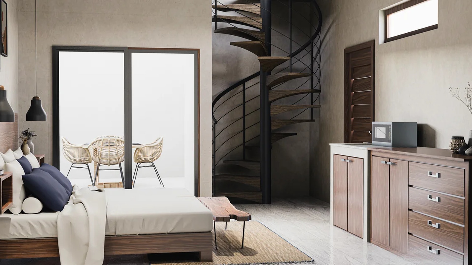 Image of a Loft-Style Bedroom, featuring Spiral Staircase and Private Balcony.