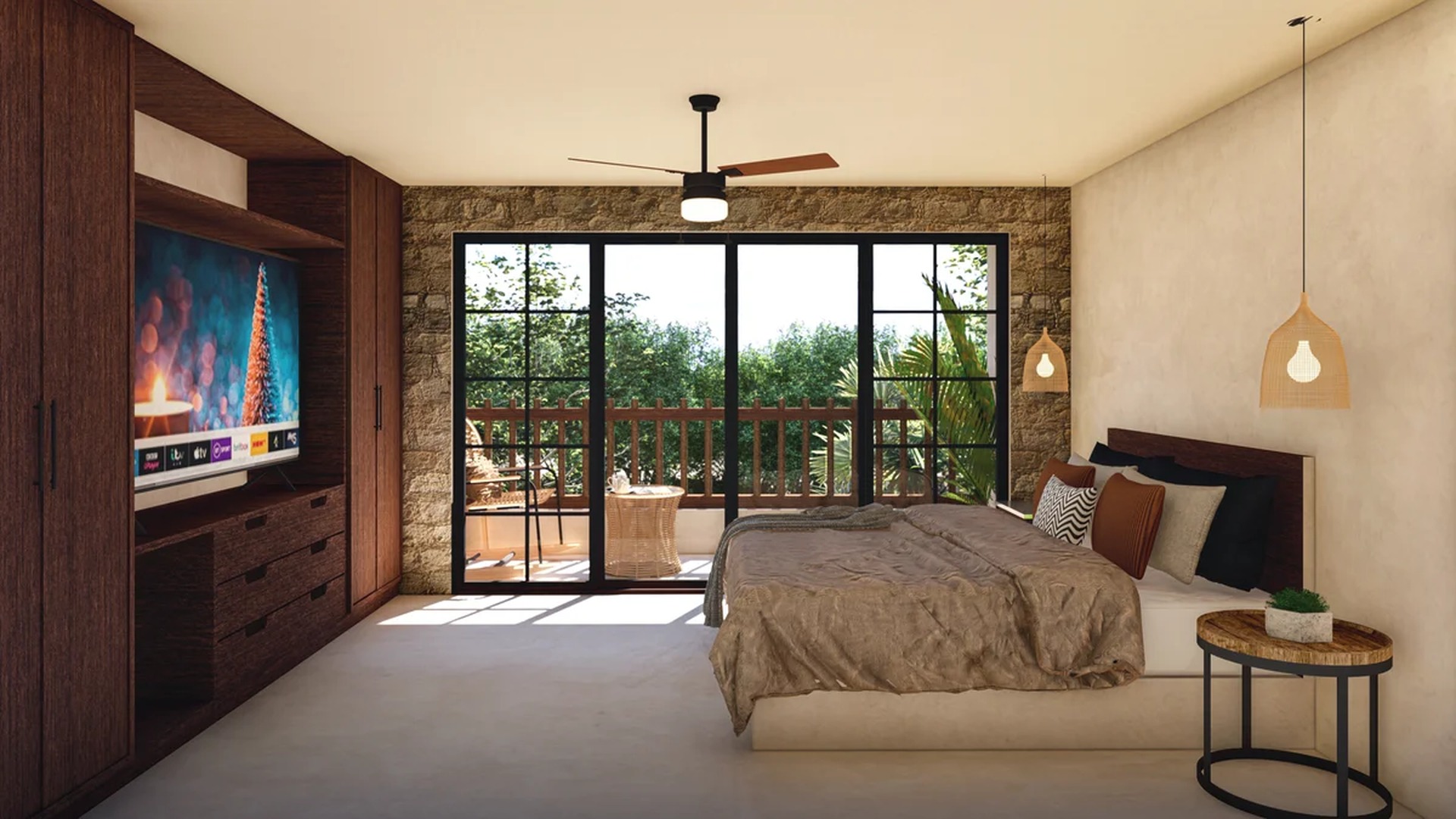 Image of a Master Bedroom, featuring Private Balcony and Stone Accent Wall.