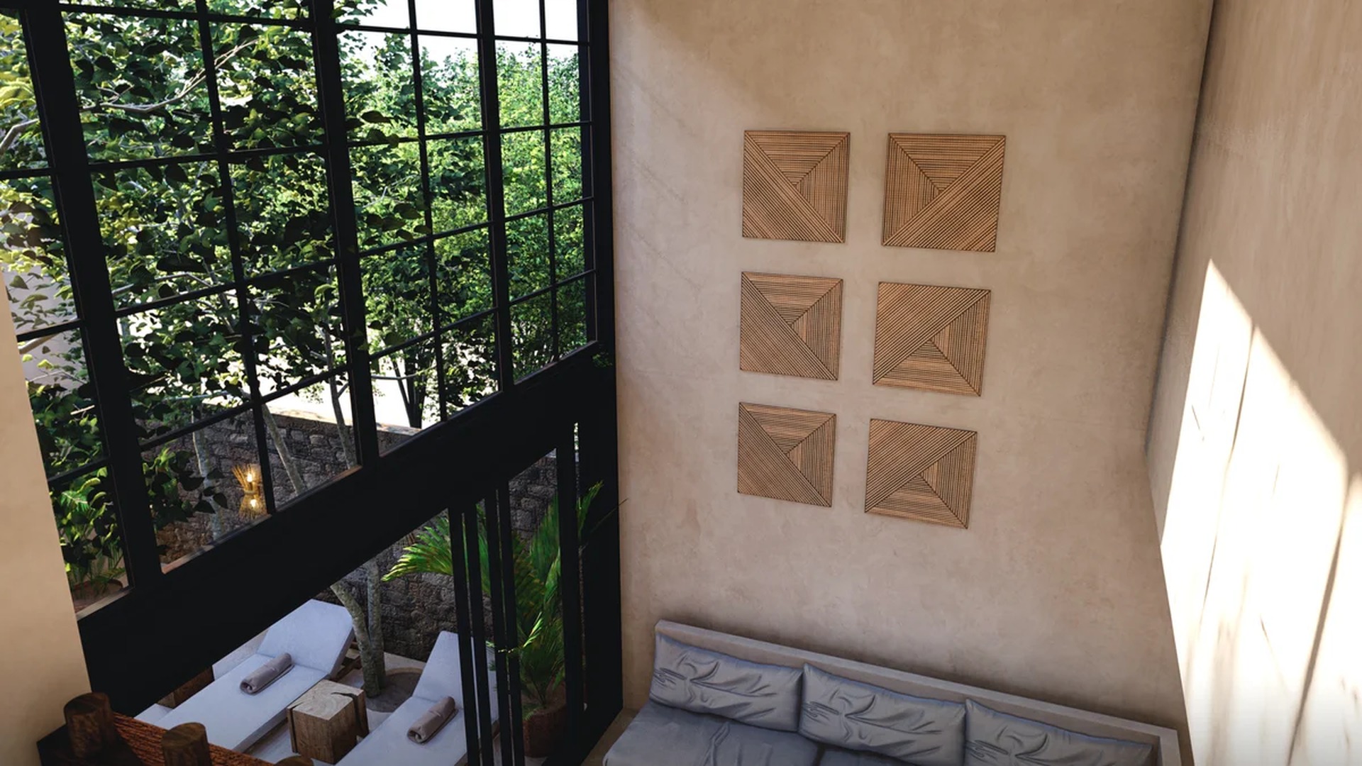 Image of a Double Height Ceiling, featuring Floor-to-Ceiling Windows and Lounge Area.