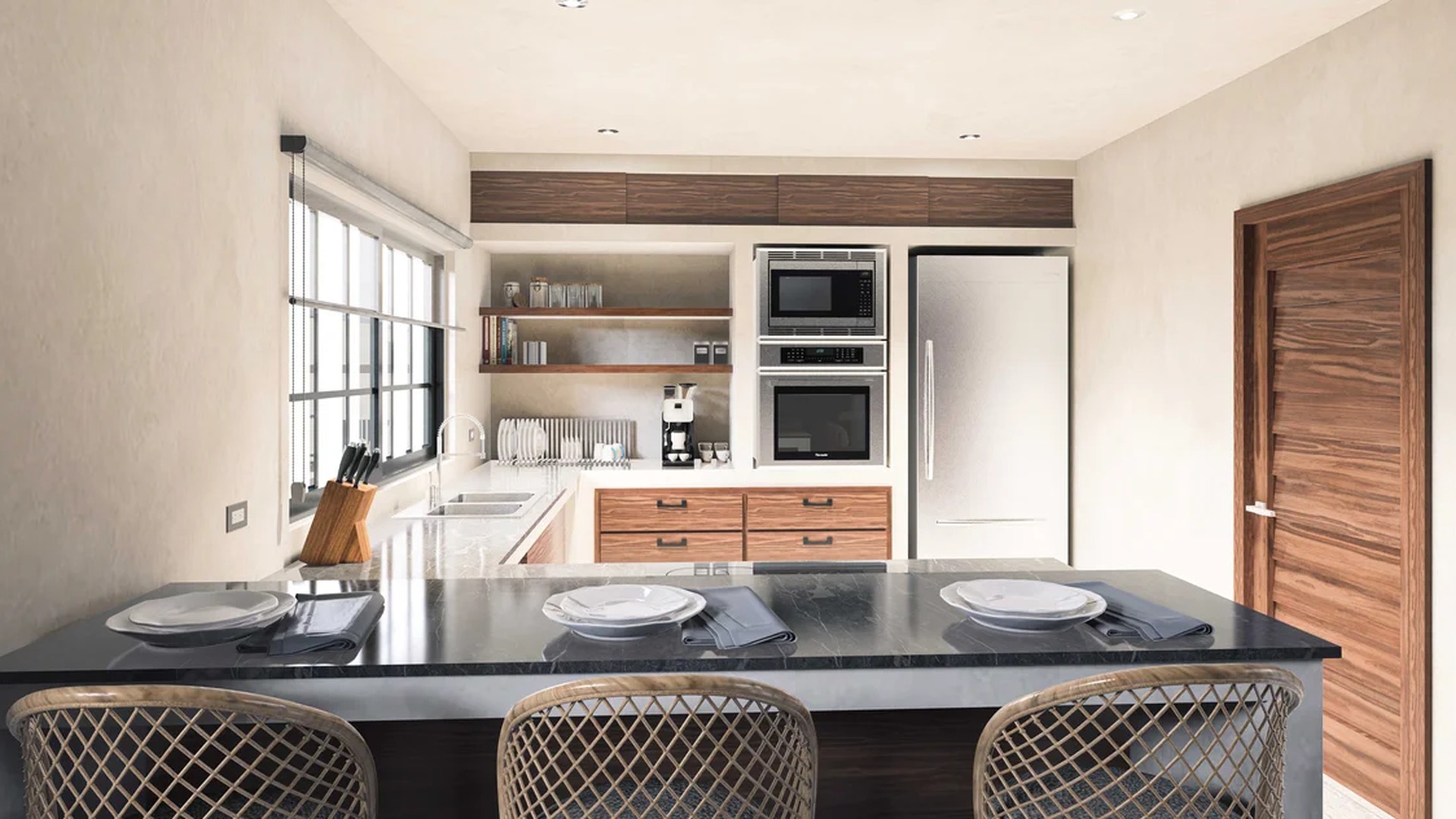 Image of a Modern Kitchen, featuring Breakfast Bar and Marble Countertops.